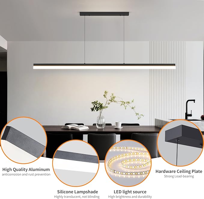Modern Linear Pendant Light, 47IN Modern Chandelier with Remote Control 3000k-6500K Adjustable Color Temperature, Aluminum Island Lighting Lamp for Dining Room, Living Room