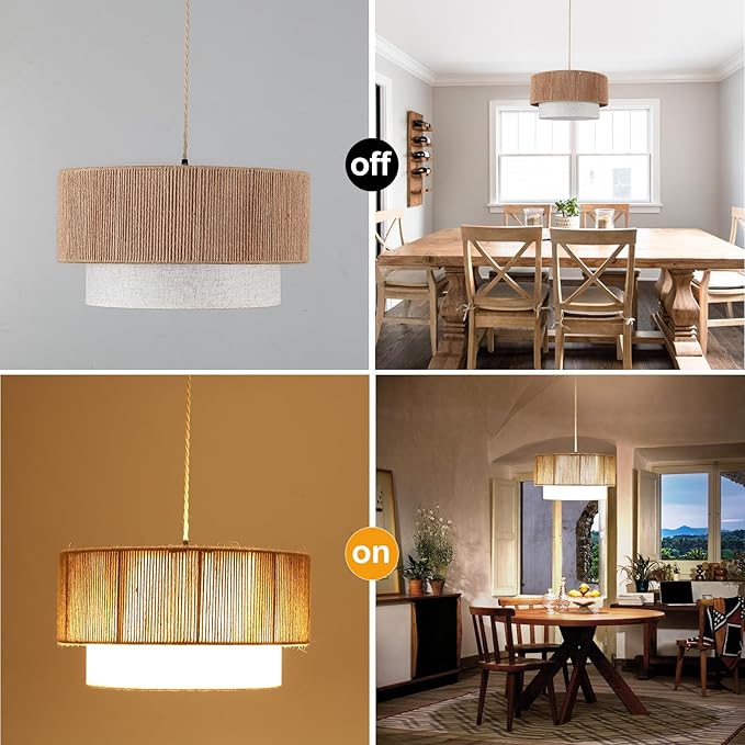 Plug in Pendant Light, 18" Rattan Plug in Chandelier with Linen Fabric Shade, E26 On/Off Switch, Plug in Hanging Pendant Light for Dining Room Living Room Kitchen Foyer