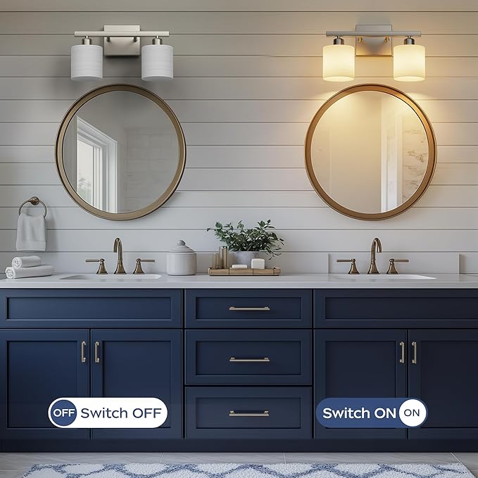 PARTPHONER Bathroom Light Fixtures, Bathroom Lighting Fixtures Over Mirror, Classic Vanity Lights, Modern Vanity Light with Textured Frosted Opal White Glass Shades, Brushed Nickel, 2-Light