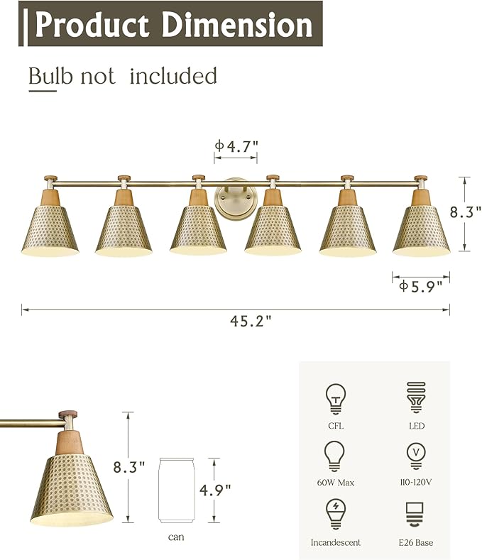 FEMILA Gold Light Fixture Bathroom, 6 Light Brushed Gold Vanity Light, 45.3" Bathroom Lighting Fixture Over Mirror, 4FG59B-6W BG