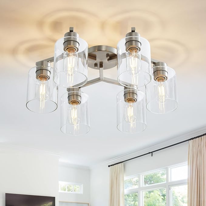 YYT Light Fixtures for Dining Room 6-Light Semi Flush Mount Ceiling Light Fixtures Large Brushed Nickel Kitchen Lighting Fixtures Ceiling with Clear Glass Shade for Living Room - E26
