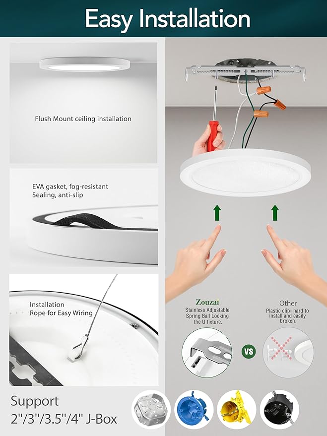 zouzai 3rd Gen Fireproof LED Flush Mount Ceiling Light, Dimmable 5CCT 2700K-6000K, 9 Inch 18W Ultra-Thin Round Fixture for Bedroom, Hallway, Closet, Laundry, Kitchen, ETL Listed(9 inch 4 Pack)