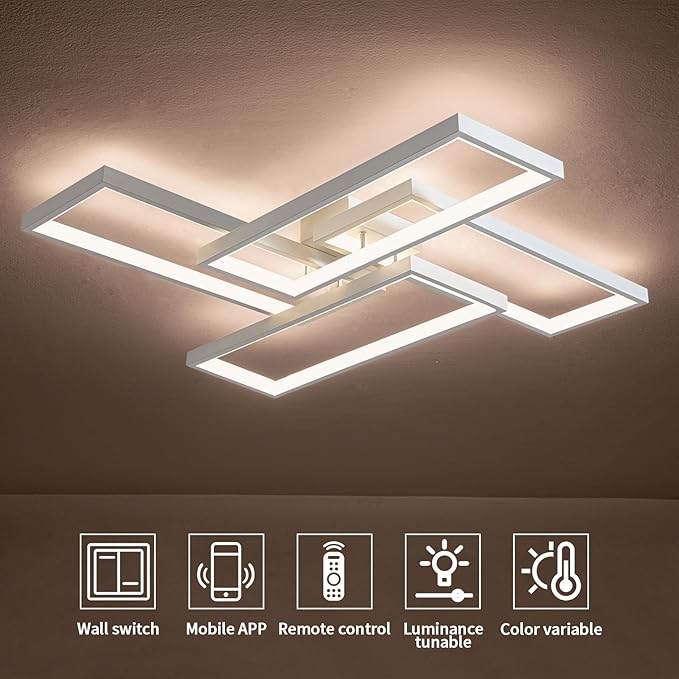 Shine LUEST Modern LED Ceiling Light Fixture White Flush Mount Ceiling Light Dimmable 26" Bedroom Lights for Ceiling with Remote Control 48W Kitchen Ceiling Light Fixtures for Hallway 3000K-6000K