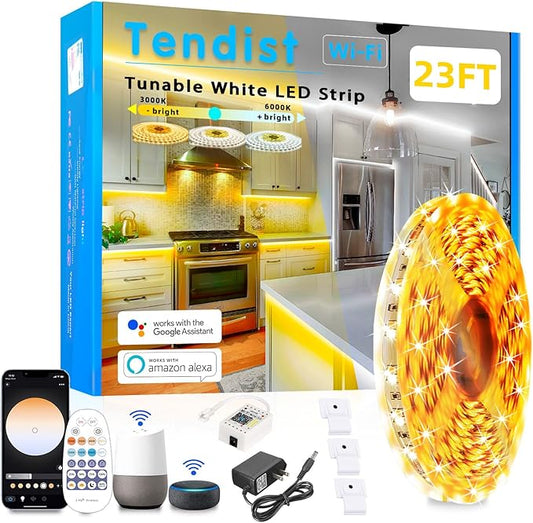 White LED Strip Lights 3000K-6500K 23ft Dimmable, Smart Strip Light Alexa Compatible, 24V WiFi Flexible Tape LED with APP & RF Remote, Cabinet Lighting Self-Adhesive for Room, Kitchen