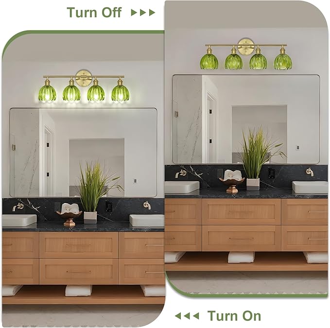 Vintage Bathroom Light Fixtures,4-Light Hardwired Vanity Lights with Green Tulip Glass Shade,Gold Bathroom Vanity Light for Mirror Restroom,E26 Socket,25.2 in(Bulbs Not Included)