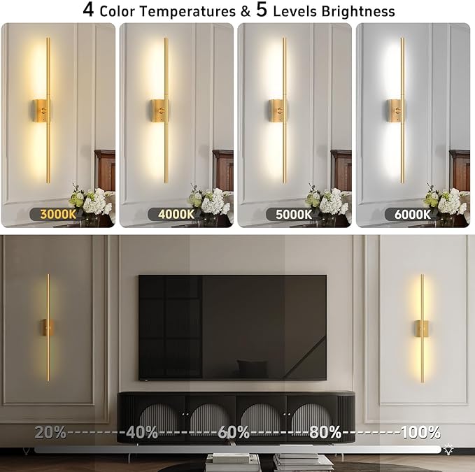 Battery Operated Wall Sconces Set of Two: Dimmable Wireless Wall Lights with Remote, 31-inch LED Rechargeable Sconces, 360° Lighting Wall Scone Decor for TV, Mirror, Bedroom, Living Room(Gold)