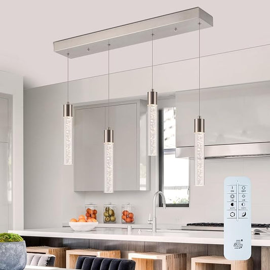 Pendant Light Kitchen Island with Remote Control & Dimmable, Modern Brushed Nickel Pendant Light Fixture for Dining Room 3000K/4000K/6000K