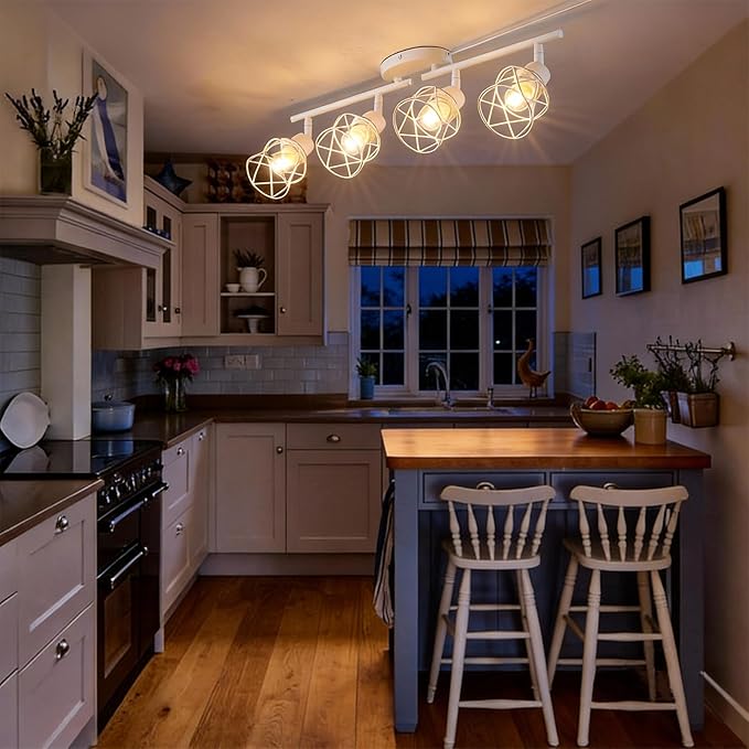 Dimmable 4 Light Plug in Ceiling Light,White Plug in Track Lighting Kit with 16.5' Cord,Flexibly Rotatable Light Head,Modern Industrial Farmhouse Style(Bulbs Not Included)