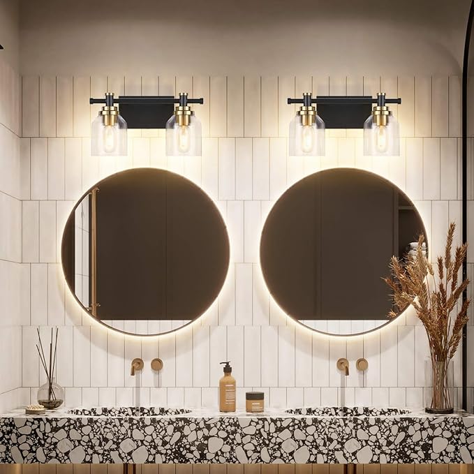 SOLFART Vintage 2 Lights Wall Lighting Bathroom Vanity Light Vintage Black Brass Sconce Light Fixtures Black Metal with Clear Glass