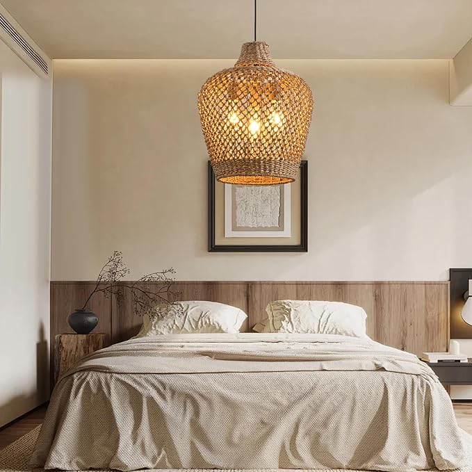 18.9" Rattan Pendant Light Fixtures,Boho Rattan Pendant Light,3-Light Hand Woven Seagrass Chandelier for Workplace Occasions Restaurants Dining Living Bedroom Kitchen Farmhouse