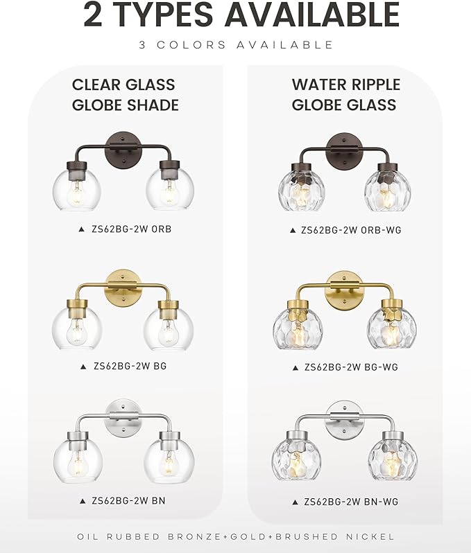 zeyu 16 Inch Bathroom Light Fixtures, 2-Light Vanity Bath Light for Mirror Bedroom, Brushed Nickel Finish with Water Ripple Globe Glass, ZS62BG-2W BN-WG