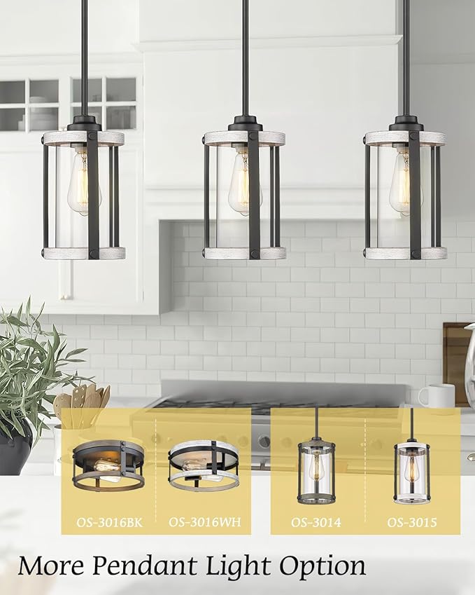 Farmhouse Pendant Light Fixtures, 1-Light Rustic Oak White Pendant Light Fixtures, Mini Glass Hanging Lighting with Rod for Kitchen Island Bar Bedroom, Adjustable Length, OS-3015