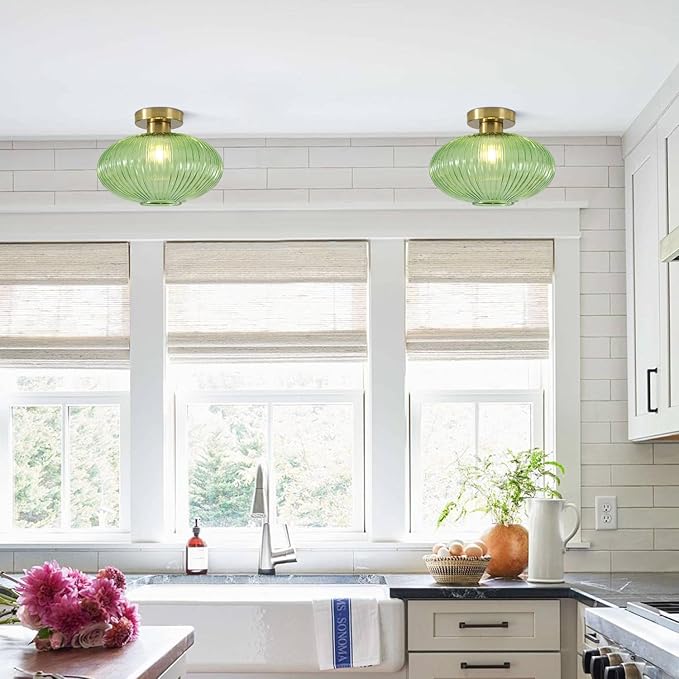 BOKT Green Stripe Glass Semi Flush Mount Ceiling Light 1-Light Mid-Century Modern Close to Ceiling Light Kitchen Ceilings Light Fixture E26 Glass Ceiling Lamp for Bedroom Hallway
