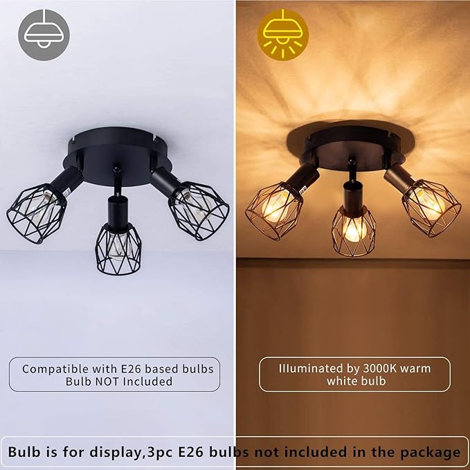 Industrial Semi Flush Mount Ceiling Light, 3-Light Multi-Directional Ceiling Light Fixtures, Vintage Black Metal Wire Cage Farmhouse Pendant Lighting for Kitchen Dining Room Hallway Foyer Bedroom E26