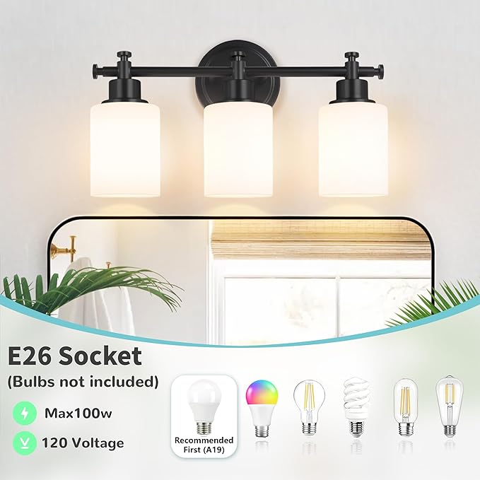 3-Light Black Bathroom Light Fixtures, Modern Vanity Lights Over Mirror, Bathroom Wall Sconces with White Glass Shade, E26 Socket, 15.75" Compact Vanity Light Fixtures