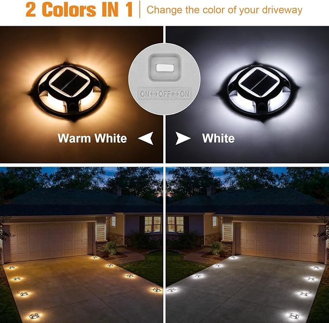 VOLISUN Solar Driveway Dock Marine Lights 8-Pack,2 Colors in 1,Outdoor LED Deck Lights,Solar Powered Waterproof Warning Step Light for Driveway Sidewalk Pathway (White/Warm White),Saltwater Resistant