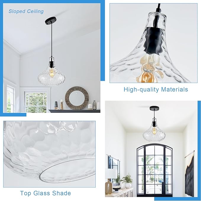 11 Inch Kitchen Island Pendant Light – Blown Glass Hammered Shade & Black Finish – Modern Hanging Ceiling Light for Dining Room, Sink, Hallway, Living Room – E26 Base