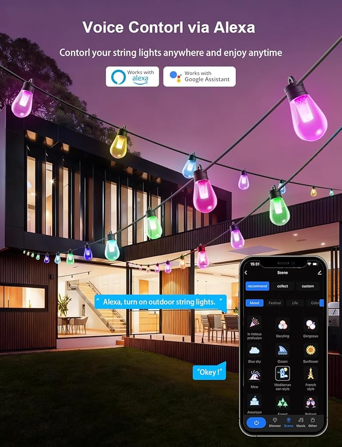 APPECK Outdoor String Lights, 150ft Smart RGBW Patio Lights Outside with 45 LED Bulbs, Extendable, 111 Scene Modes, IP65 Waterproof Lighting for Backyard, Dimmable Warm White, Compatible with Alexa