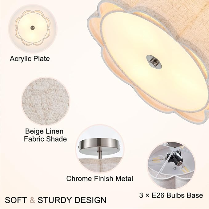 Semi Flush Mount Ceiling Light, Beige Linen Fabric Shade Ceiling Light, Chrome Modern Farmhouse Close to Ceiling Light for Bedroom, Hallway, Living Room, Dining Room, Laundry Room