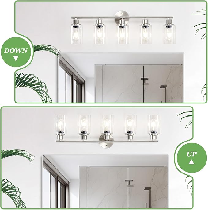 5-Light Bathroom Vanity Lights, E26 Modern Brushed Nickel Bathroom Light Fixtures with Clear Glass Shade, Mirror Kitchen Hallway Cabinet Living Room Sconces Wall Lights