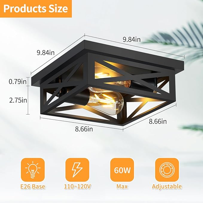 ZHU YAN 2-Pack Farmhouse Flush Mount Ceiling Light,2-Light Ceiling Light Fixture,Rustic Ceiling Mount Lighting for Kitchen,Hallway,Entryway,Farmhouse Home E26 Base