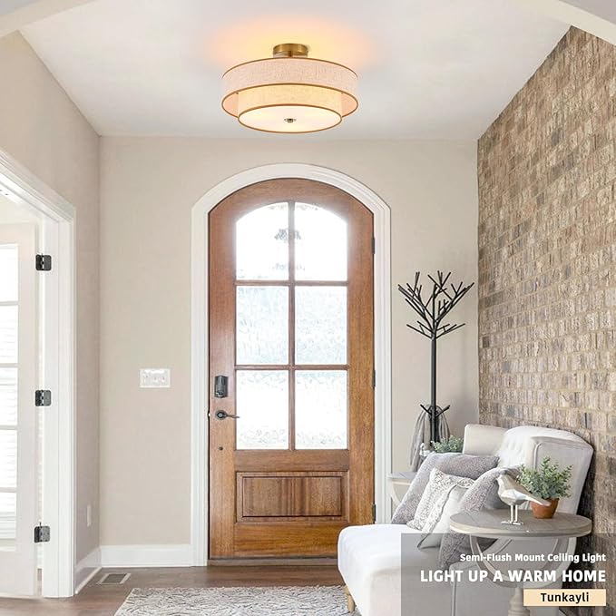 3-Light Drum Semi Flush Mount Ceiling Light, 18" Modern Gold Ceiling Lighting Fixture, Vintage 2-Tier Linen Ceiling Lighting for Living Room, Bedroom, Kitchen, Dining Room, Hallway, Entryway