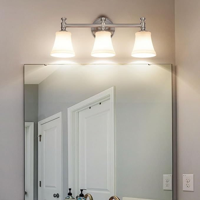 Bathroom Vanity Light Fixtures, Traditional Brushed Nickel 3 Lights Wall Sconce Lighting with Opal Glass Shade, Porch Wall Mount Light Fixture for Bathroom, Mirror Cabinets Hallway Stairs