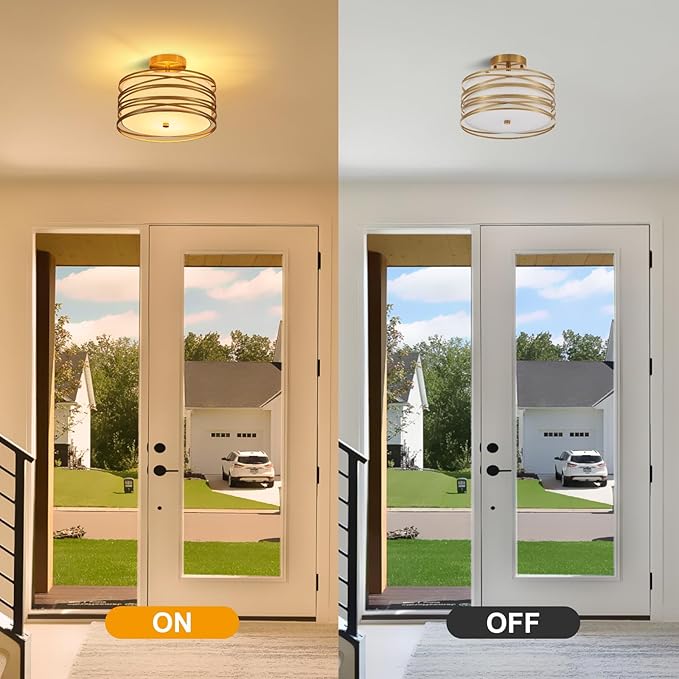 Drum Semi Flush Mount Ceiling Light Fixture, Gold Matal & Linen Fabric Shade Ceiling Light, Modern Farmhouse Close to Ceiling Light for Bedroom, Hallway, Entryway, Dining Room, Laundry Room