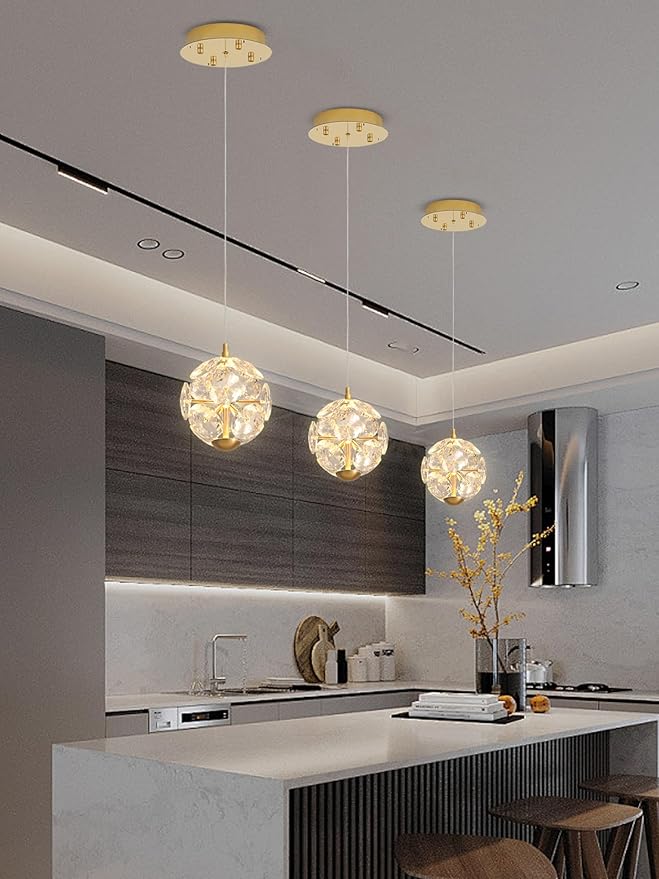 ykolupty Pendant Lights Kitchen Island Crystal Globe Chandelier LED Gold Island Light Crystal Pendant Light for Dining Foyer Entrance