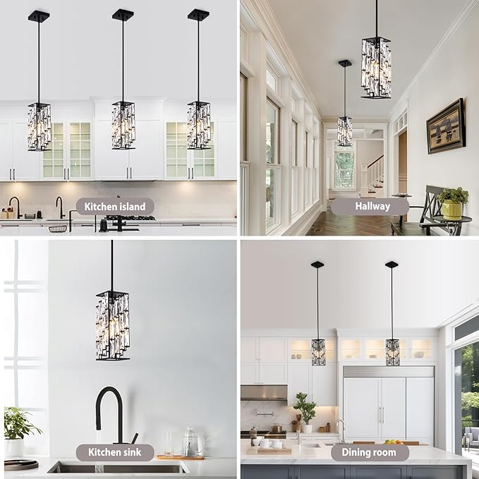 Crystal Pendant Lights Kitchen Island 3 Pack, Modern Black Chandelier Height Adjustable, Hanging Lights for Kitchen Island Dining Room Bedroom