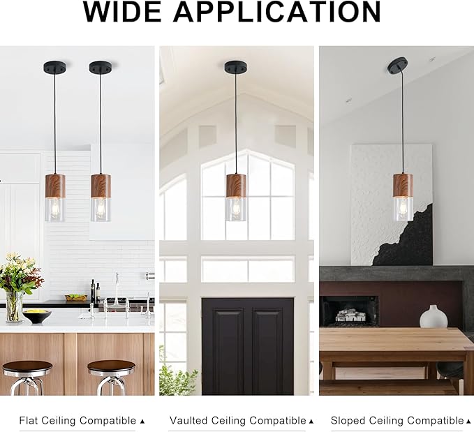 2-Pack Modern Pendant Lights for Kitchen Island, Adjustable Pendant Light Fixtures with Brown Wood Grain, Industrial Clear Glass Pendant Lights for Dining Table Hallway Bedroom Living Room