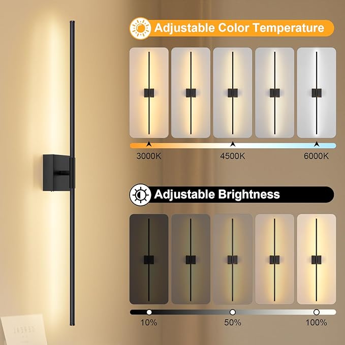 Battery Operated Wall Sconce, 5CCT Dimmable Black Wall Lights with Remote Control, Timable LED Wireless Wall Sconces, 350° Ratate for Bathroom, Living Room, Hallway 39.4 Inch 1 Pack
