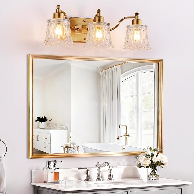 22" Gold Bathroom Light Fixture, 3 Light Brass Vintage Vanity Light, Antique Gold Finish with Crystal Glass Shade, Suit for Bathroom, Bedroom or Hallway