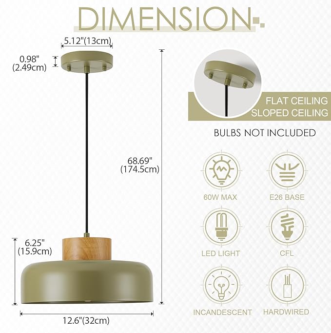 Mid-Century Modern Pendant Light,12.6" Natural Wood & Olive Green Metal Shade,Adjustable Kitchen Island Dining Room Lighting Fixture