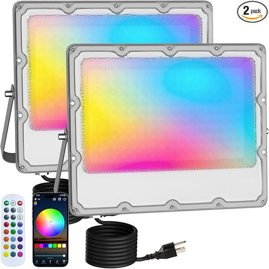 RGB LED Flood Lights Outdoor, 100W (900W Equivalent) Color Changing Smart Lights, 10000LM, Bluetooth App & 2.4G Remote Control, IP66 Waterproof, Music Sync, Timer, 16 Million Colors(2-Pack)