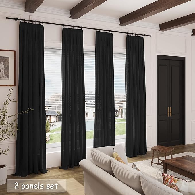 Linen Black Curtains 145 inch Extra Long for Living Room Back Tab Light Filtering Semi Sheer Drapes Modern Farmhouse Coastal Decor Cotton Textured Curtain for Floor to Ceiling High Window 52x145