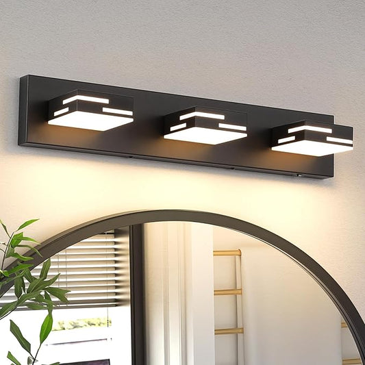 3-Light 5CCT Modern Bathroom Vanity Light Fixtures, 24-Inch 350° Rotatable LED Vanity Lights Over Mirror, Dimmable Matte Black Wall Sconce with Frosted Acrylic Shade