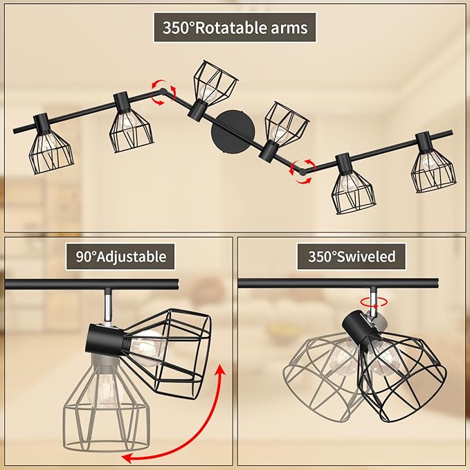 GORDNWE 6-Light Track Kits, Adjustable Track Fixtures - E12 Metal Wire Cage Retro Ceiling Lighting - Black for Kitchen, Living Room, Bedroom