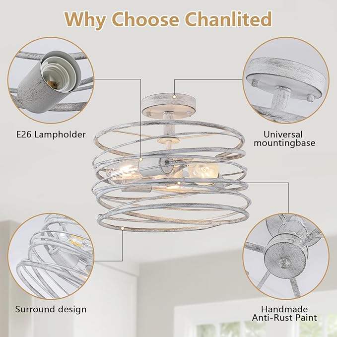 White 3-Light Rustic Drum Semi Flush Ceiling Light Fixture, Retro Farmhouse Chandeliers Metal Cage for Dining Room, Industrial Pendant Light Fixture for Entryway Kitchen Foyer Bedroom
