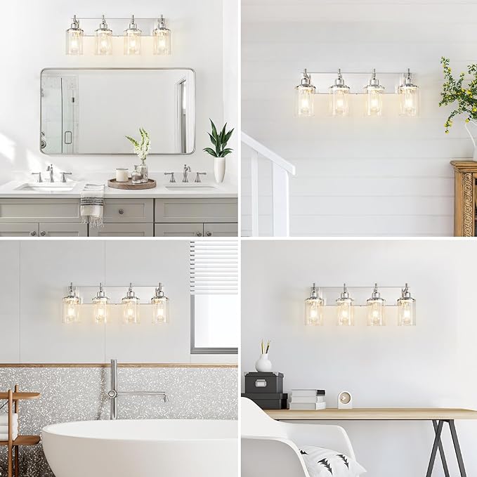 Lanhall 4-Light Brushed Nickel Bathroom Light Fixture Over Mirror Modern Bathroom Vanity Light Vintage Wall Lighting with Clear Glass Shade for Bathroom, Bedroom, Hallway, Cabinet