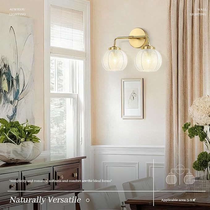 Vintage Bathroom Vanity Lights Over Mirror, 2 Light Gold Wall sconces with clear Glass Shade Bathroom Light Fixture mid Century Wall Sconce Light Glass Wall Lighting for Bedroom Doorway Hallway