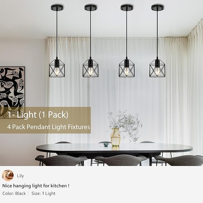 1-Light Hanging Pendant Light Fixture, Black Pendant Lights Kitchen Island, Farmhouse Pendant Lighting with Bedroom Dining Room, E26 Base, Bulbs Not Included, 4 Packs