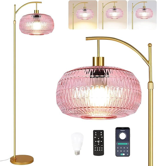 QIYIZM Pink Floor Lamp for Living Room,Bedroom,Gold Dimmable Standing Lamp with Remote,Mid Century Modern Brass Tall Lamp Boho Floor Lamps Arc Stained Glass Flower Floor Light Lamp Girls kids Bohemian