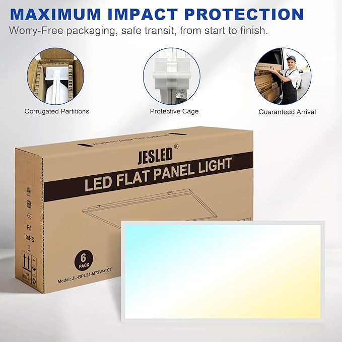 JESLED 6Pack 2x4 led Flat Panel Light, 10800LM, Drop Ceiling Lights Fixture for Office Shop Garage Basement Laundry, 30W/40W/50W/60W/72W Selectable, 5CCT Switchable, 0-10V Dimmable, DLC ETL Listed