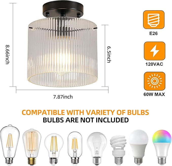 Modern Semi Flush Mount Ceiling Light, Industrial Clear Glass Ceiling Light, Crystal Ceiling Lamp, Farmhouse Hallway Light Fixtures for Entryway Kitchen Dining Room, Black