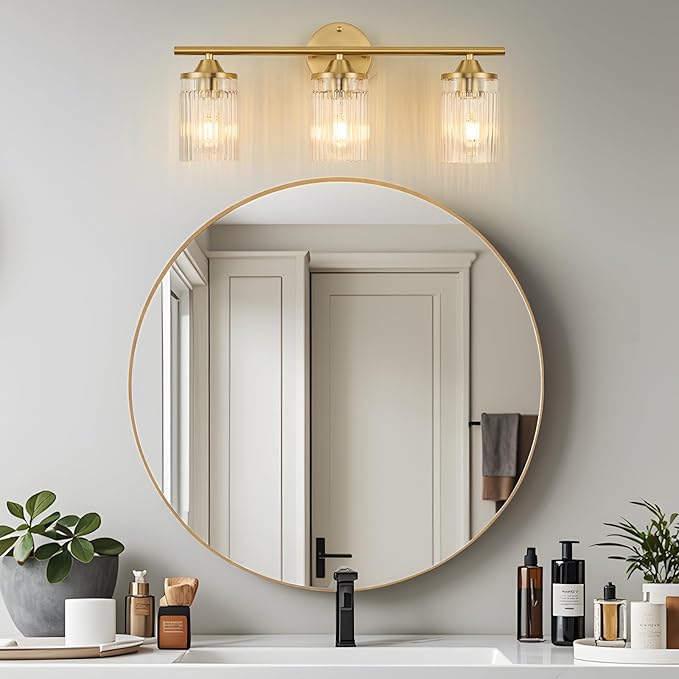 Jonsi Gold Bathroom Light Fixtures 3-Light Vanity Lights Modern Wall Sconce with Clear Glass Shade Brushed Brass Bathroom Light Fixture Over Mirror for Bedroom Hallway Kitchen