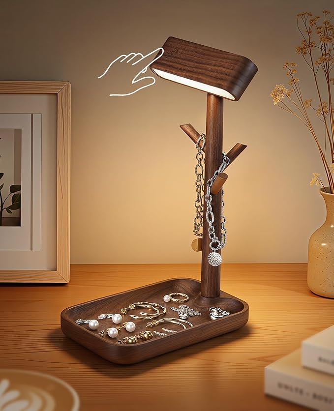 Wooden Table Lamp, Tree Trunk Rechargeable LED Bedside Lamp with Jewelry Tray, 360° Rotating Cordless Lamp for Nightstand or Entryway (Black Walnut)