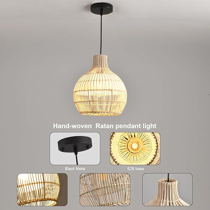 3 Pack Rattan Pendant Light Fixture Mini Hand-Woven White Rattan Chandelie,11Inch Boho Wicker Hanging Lamp for Dining Living Bedroom Kitchen Farmhouse
