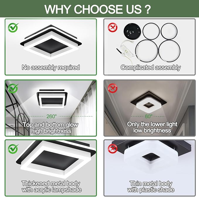 CANEOE 3 Packs Square Flush Mount Ceiling Light, 6000K Black Modern LED Ceiling Light Fixture, Minimalist Hallway Lighting Fixture Ceiling Lamp for Hallway Entryway Bedroom Balcony (Black&White)