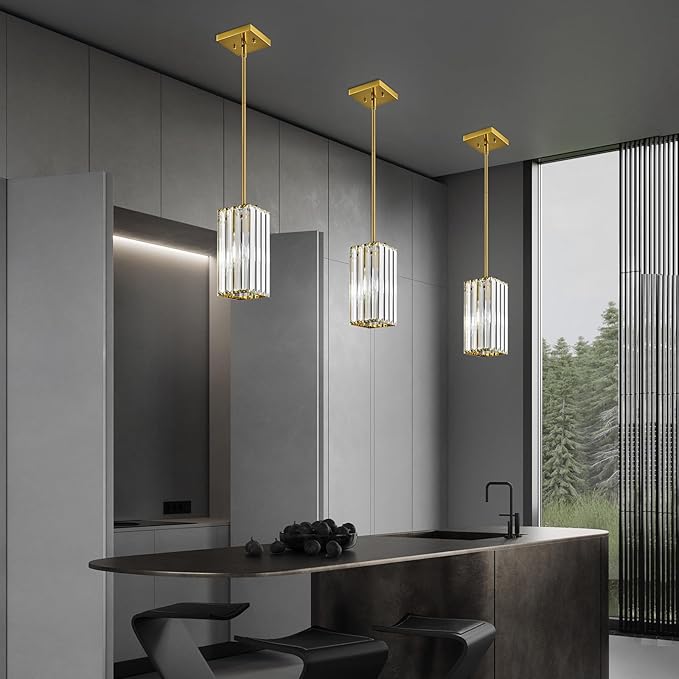 Modern Pendant Light Gold Rectangle Pendant Lighting Mini Crystal Chandeliers Adjustable Pendant Light Fixture for Kitchen Island Dinning Room Living Room Corridor Bedroom(Gold 2-Pack)